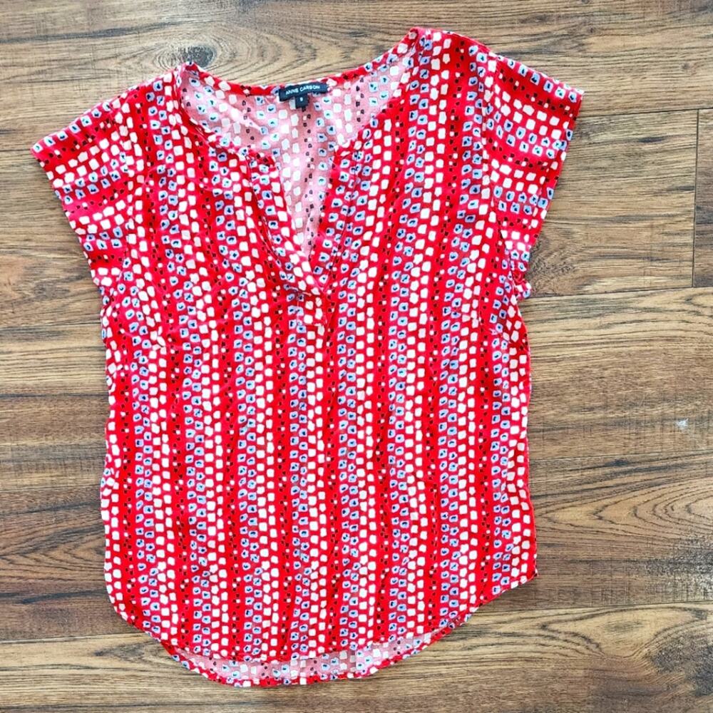 Anne Carson Women's Vertical Striped V-Neck Short Sleeve Pullover Shirt Small S